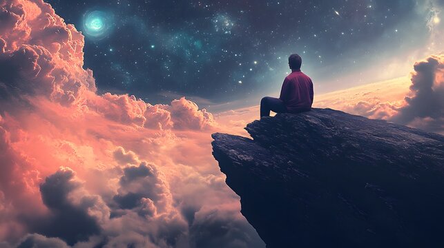 A lone man sits on a cliff edge, gazing up at the vast expanse of the night sky, filled with swirling clouds and twinkling stars.
