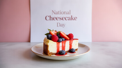 A slice of cheesecake topped with strawberries, raspberries, and blueberries on a plate, with a 'National Cheesecake Day' sign in the background.