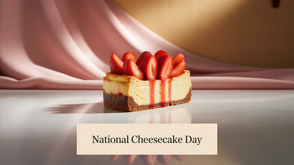 A slice of cheesecake topped with strawberries and drizzled with sauce, presented on a reflective surface with soft pink fabric in the background for National Cheesecake Day.