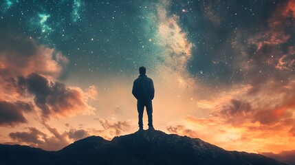 Obraz premium A lone man stands on a mountaintop, silhouetted against a breathtaking backdrop of a starry night sky.