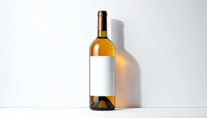 Gold wine bottle with blank label on white background