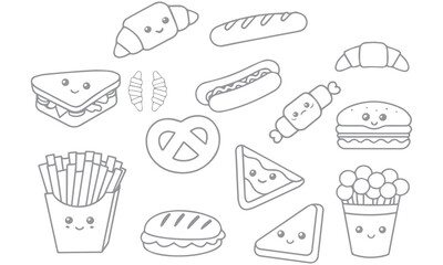 Cute Food and Dessert Line Art Icon Set – Hand-Drawn Vector Collection of Snacks, Sweets, and Drinks .