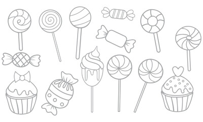Cute Food and Dessert Line Art Icon Set – Hand-Drawn Vector Collection of Snacks, Sweets, and Drinks .