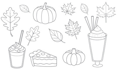 Cute Food and Dessert Line Art Icon Set – Hand-Drawn Vector Collection of Snacks, Sweets, and Drinks .