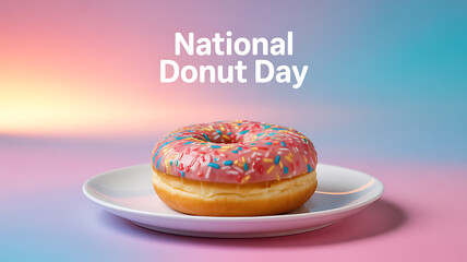 A colorful sprinkle-covered donut on a white plate against a gradient background celebrating National Donut Day