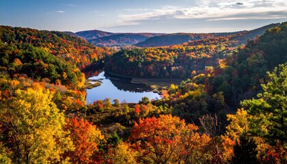 Autumn vista of valley with vibrant fall foliage