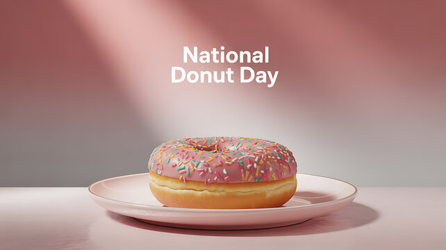 A colorful sprinkle-covered donut on a plate celebrating National Donut Day - Powered by Adobe