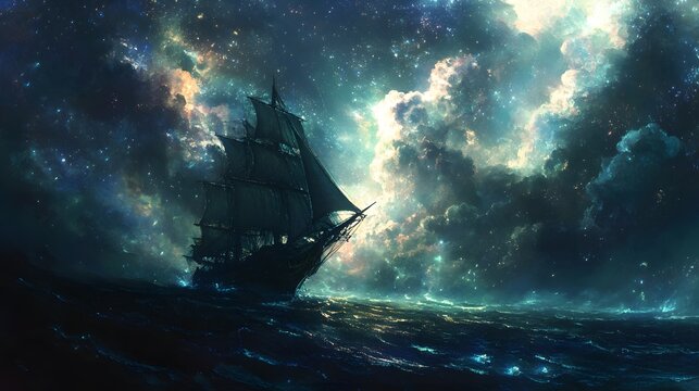 A lone ship sails through a starry night sky, illuminated by a bright light in the distance.