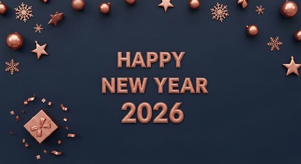 Naklejka premium Happy new year 2026 with rose gold ornaments on a dark blue background