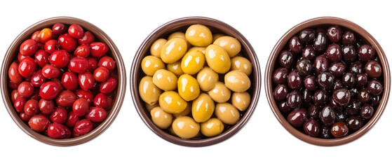 Overhead View of Three Bowls Displaying Green Red And Black Olives on Transparent Background
