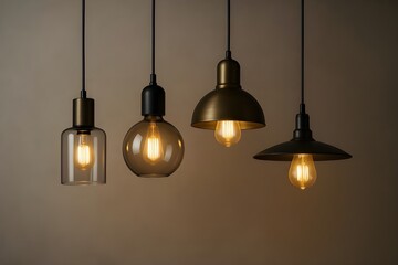 Four modern pendant lights hanging with warm edison bulbs creating ambient light