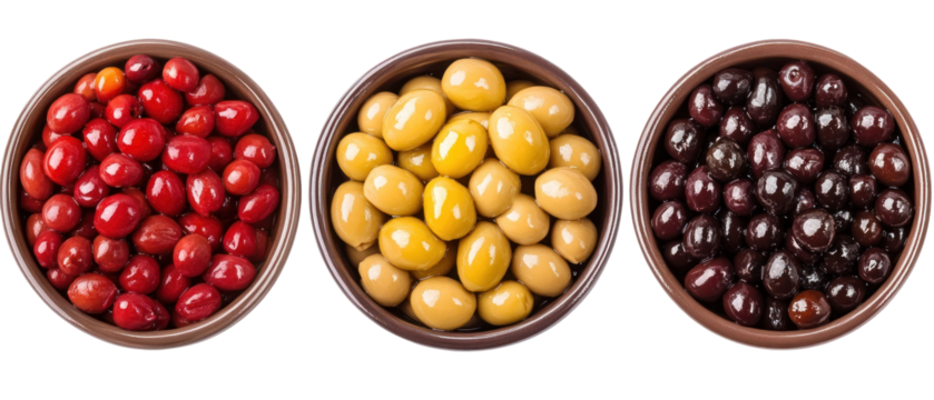 Overhead View of Three Bowls Displaying Green Red And Black Olives on Transparent Background