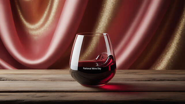 A glass of red wine on a wooden table with a rich, draped fabric background celebrating National Wine Day