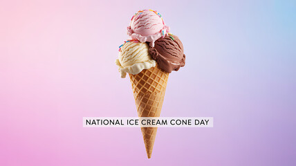 National Ice Cream Cone Day celebration with a waffle cone topped with three scoops of colorful ice cream against a pastel gradient background
