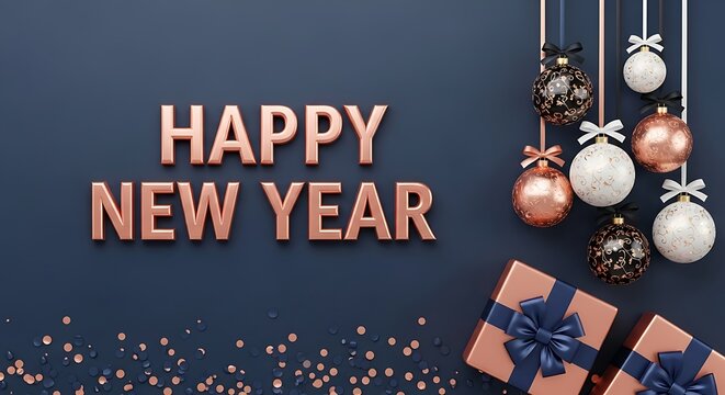 Elegant new year celebration with ornaments and gifts on dark blue background
