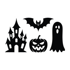 Halloween silhouette icons of a haunted castle pumpkin bat and ghost