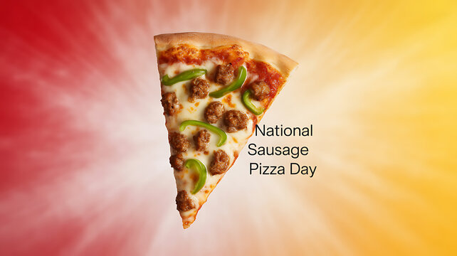 A slice of sausage pizza with green peppers on a radiant red and yellow background celebrating National Sausage Pizza Day - Powered by Adobe