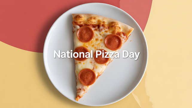 A slice of pepperoni pizza on a white plate with 'National Pizza Day' text overlay against a colorful background - Powered by Adobe