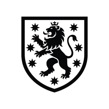 Black lion rampant on shield with stars heraldic symbol