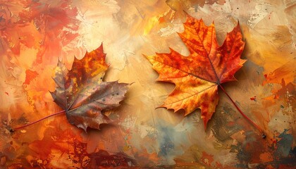 Autumn leaves on a textured, painted surface