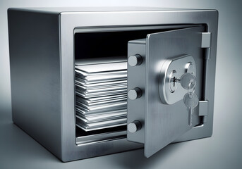 Fototapeta premium Secure metal safe with an open door revealing stacks of valuable documents and a key, symbolizing security and protection