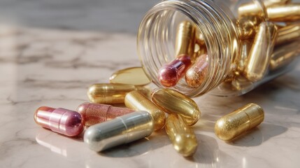 Macro shot of vitamin capsules spilling from glass jar onto white marble surface 