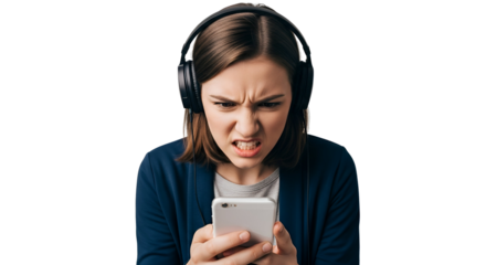 Angry Woman Headphones Frustrated Mobile Phone Stressed Annoyed looking at Mobile Device Display Bad News on Smartphone Angry Expression Online Problem Unhappy Reaction Poor