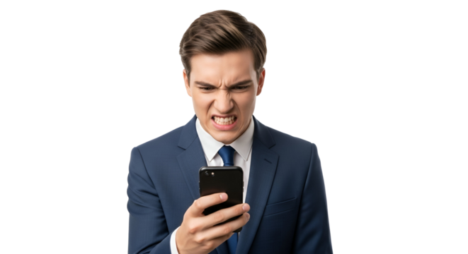 Angry Businessman with Phone Annoyed Frustrated Mobile Communication Problems Concept Irritated Executive Suffering Online Issues Annoyance Displeased Bad News Receiving