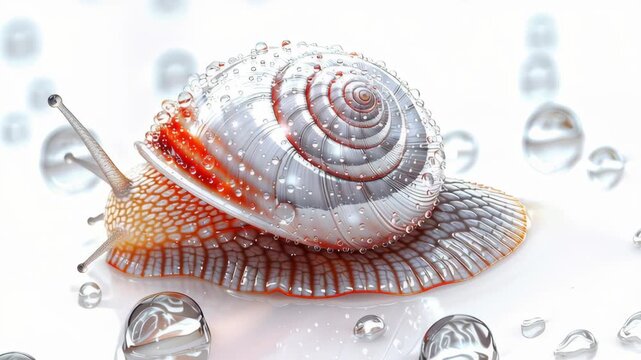 Wet snail shell with water droplet macro close closeup spiral pattern glossy wet texture white background studio lighting soft focus natural detail