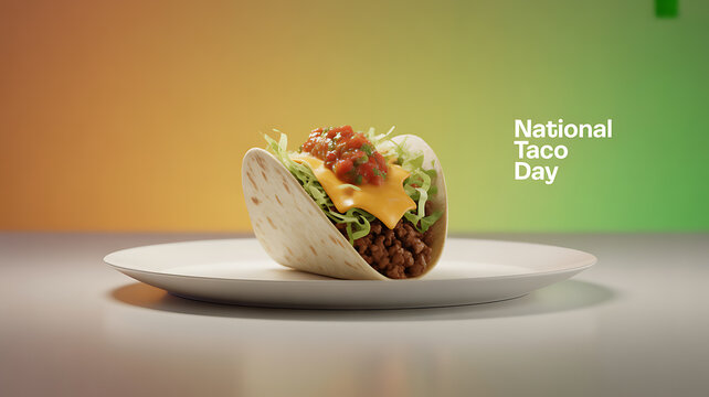 A taco filled with ground meat, cheese, lettuce, and salsa is presented on a white plate against a gradient background celebrating National Taco Day.