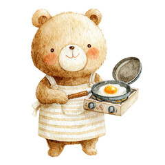 料理をするテディベアの水彩イラスト