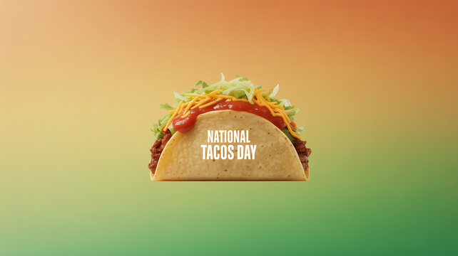 A colorful taco with lettuce, cheese, and sauce on a gradient background celebrating National Tacos Day