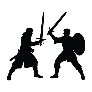 Two silhouetted knights in combat with swords and shields