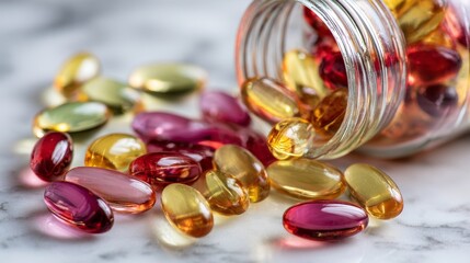 Macro shot of vitamin capsules spilling from glass jar onto white marble surface 