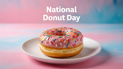 A pink frosted donut with colorful sprinkles on a white plate, celebrating National Donut Day against a pastel background.