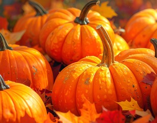 Several ripe, bright orange gourds amid colorful, fallen autumn foliage