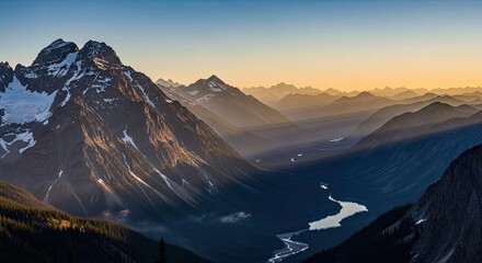 Stunning mountain landscape at sunrise with golden light, serene river flowing through valley creating a sense of peace and adventure, perfect for travel and nature campaigns