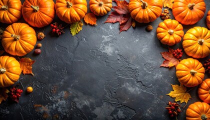 Autumn pumpkins and leaves on dark stone