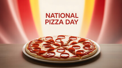 A pepperoni pizza on a plate with 'National Pizza Day' text against a colorful background