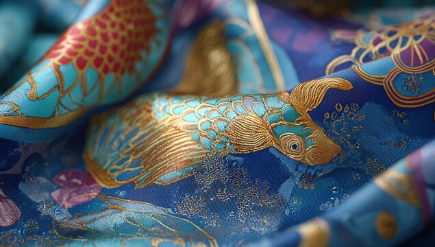 Close-up of ornate fabric with fish design