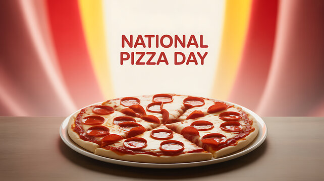 A pepperoni pizza on a plate with 'National Pizza Day' text against a colorful background