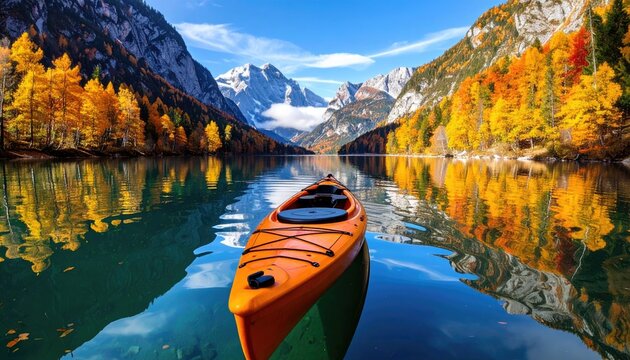 Autumn kayak on serene lake, mountains reflect