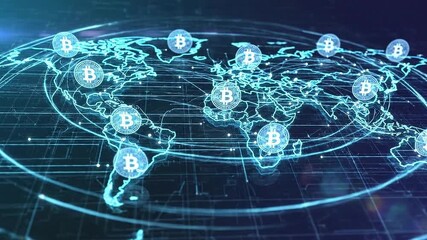 Bitcoin world map crypto currency digital finance blockchain technology global investment network - Powered by Adobe
