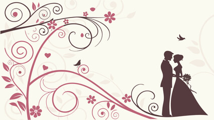 Naklejka premium Elegant wedding silhouette design with floral ornaments and birds for invitations