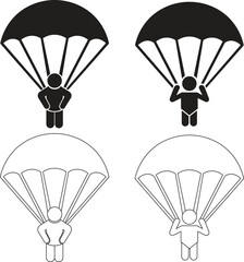 Skydiving parachute flat and line icons set with skydiver and air sport symbols, adventure jump, flight, parachutist, extreme sport and outdoor activity vectors isolated on transparent background.