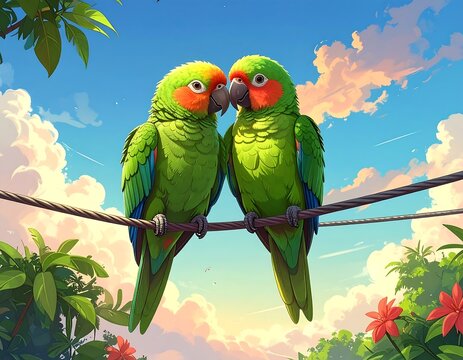 Two vibrant green parrots perched on a wire against a tropical sky