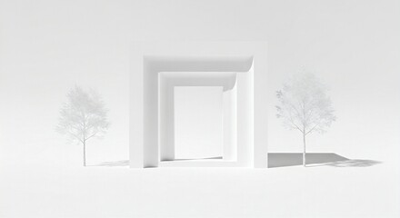 Minimalist white architecture with trees isolated on white background
