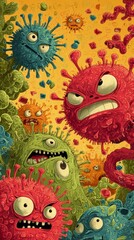 Illustration of cartoon germs with angry faces attacking a weak cartoon immune cell 