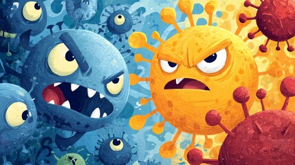 Illustration of cartoon germs with angry faces attacking a weak cartoon immune cell 