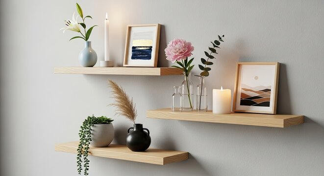 Elevate your space with aesthetically pleasing floating shelves featuring minimalist art, delicate florals, and gentle candlelight, creating a serene and stylish ambiance for modern homes